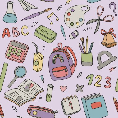 Okula geri dön. Renksiz şablon, okul gereçleri, sabit set, kağıt baskı, okul unsurları sanat modeli.