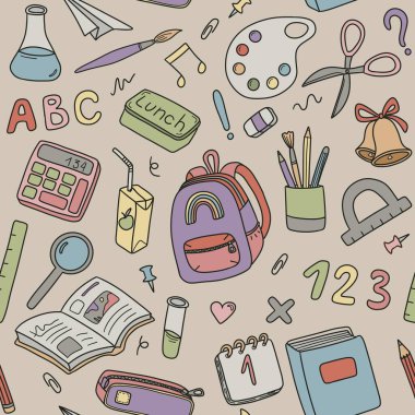 Okula geri dön. Renksiz şablon, okul gereçleri, sabit set, kağıt baskı, okul unsurları sanat modeli.