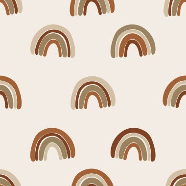 Çocuk odası İskandinav şirin gökkuşağı duvar kağıdı, pastel kahverengi renkler, çocuklar, ambalaj kağıdı tasarımı.