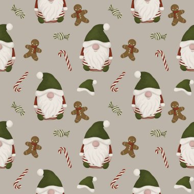 Noel cücesiz sanat kağıdı, şeker, zencefilli ekmek, cüce şapka, yeni yıl tatili tekrarlanabilir desen, duvar kağıdı dokusu, hediye paketi kağıdı.