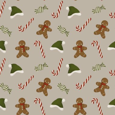 Noel elementleri dikişsiz sanat kağıdı, şeker, zencefilli çörek, cüce şapkası, Yeni Yıl Tekrarlanabilir Şablon. Duvar kağıdı, hediye paketi kağıdı, kart veya kumaş için dekoratif elementler dokusu