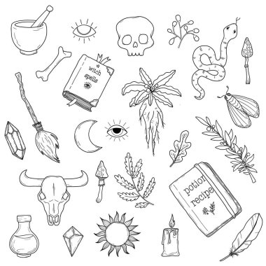 Mistik cadılık ana hatları klip sanatı seti, vektör simgesi koleksiyonu