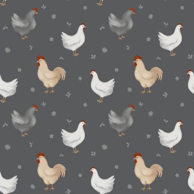 Çizgi film tavukları, tavuklar, horozlar, kuşlar pürüzsüz desenler, kır evi tarzı arka plan tekrarı. Ambalaj kağıdı, tekstil ve kumaş için hoş bir tasarım. Gri arkaplan