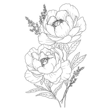 Şakayık demeti, zarif çizimler, düğün davetiyesi çiçekleri.