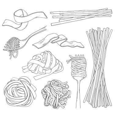 El yapımı makarna seti. Vector vintage spagetti çizgisi sanat illüstrasyonu