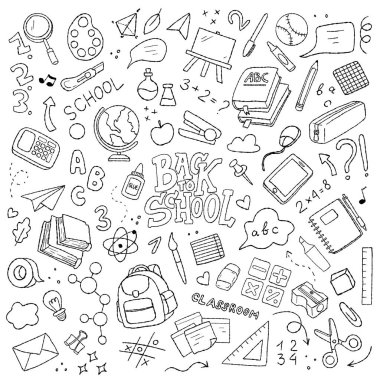 Okul Özeti Clipart seti, Okul Çizgisi Sanat Simgeleri Paketi, Öğrenci Malzemeleri, Koleksiyon Defteri Çıkartmaları