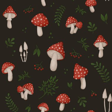 Sinek mantarı, zehirli mantarlar, bitkiler pürüzsüz desenler, el çizimi sihirli ormanlık arka plan