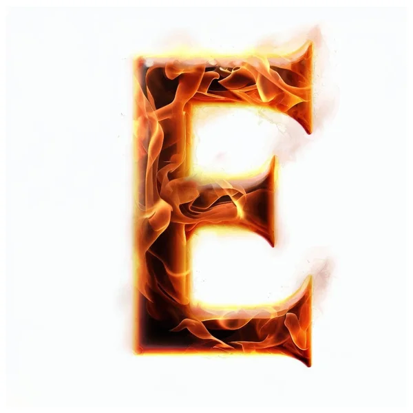 火の中の大文字E 文字Eを燃焼白の背景に隔離されました 現実的な火災フォント — ストックベクタ
