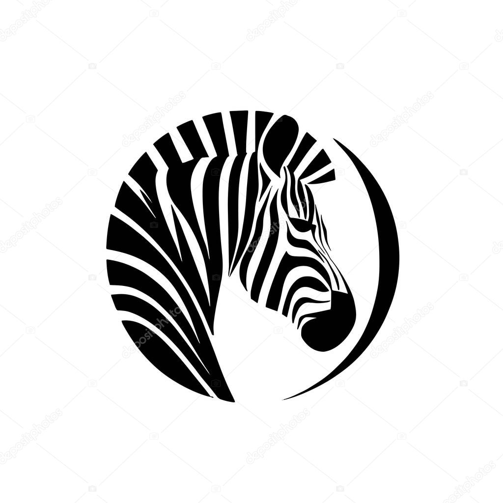 Striped zebra logo illustration on white background. Zebra head logo design vector template. Zebra head logo.