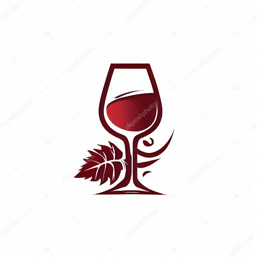 Wine glass logo illustration with grape leaf on a white canvas. Wine Logo Template vector icon design. Wine cup icon vector.