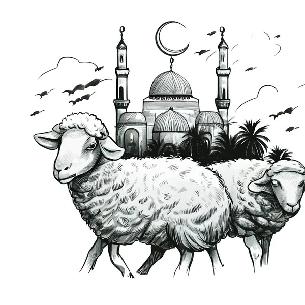 Mosque Illustration Sheep Goats — Stock Vector