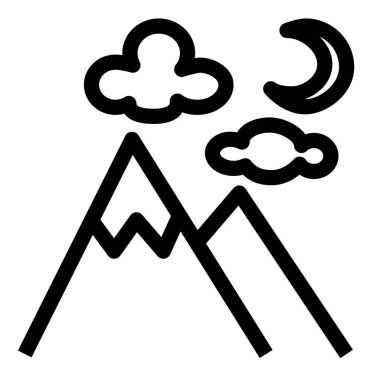 Bulutlu ay gecesi dağ ikonu görkemli bir dağ siluetini bulutlarla kısmen gizlenmiş bir hilal ile birleştirerek gece gökyüzünün altında bir büyü ve gizem atmosferi yaratır..
