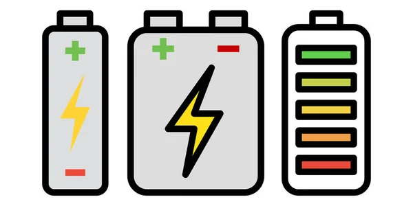 Conjunto Ícones Bateria Inclui Vários Tamanhos Bateria Níveis Carga Simboliza — Vetor de Stock