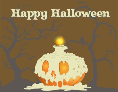 Cadılar Bayramı balkabağı yanan mum ve korkunç ağaç siluetleri