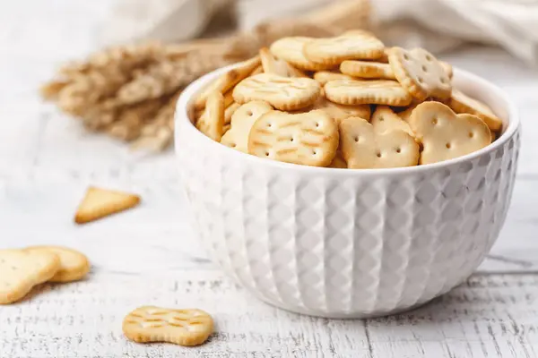 Crackers Keyboard Day August Dry Salty Cracker Cookies White Bowl — Stock Photo, Image