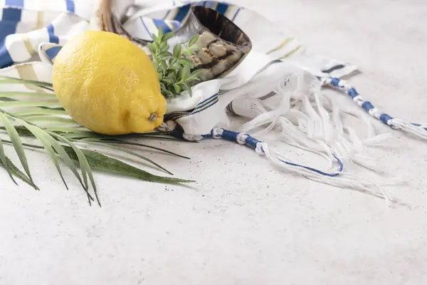 Jewish Holiday Sukkot Traditional Symbols Citron Myrtle Branch Willow Palm — Stock Photo, Image
