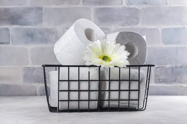 Basket Rolls Toilet Paper White Flower Stone Background International Toilet — Stock Photo, Image