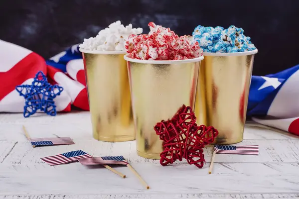 Golden Paper Cups Red Blue White Popcorn Colors 4Th July — Stock Photo, Image