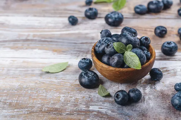 Fresh Blueberry Wooden Bowl Rustic Table International Blueberry Month July Royalty Free Stock Photos