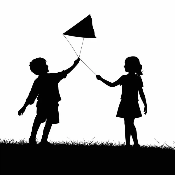 Vector Illustration Girl Kite Walk Summer Black White Drawing — Stock Vector