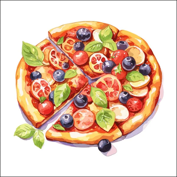 Clipart Pizza Com Tomate Queijo Manjericão Ilustração — Vetor de Stock