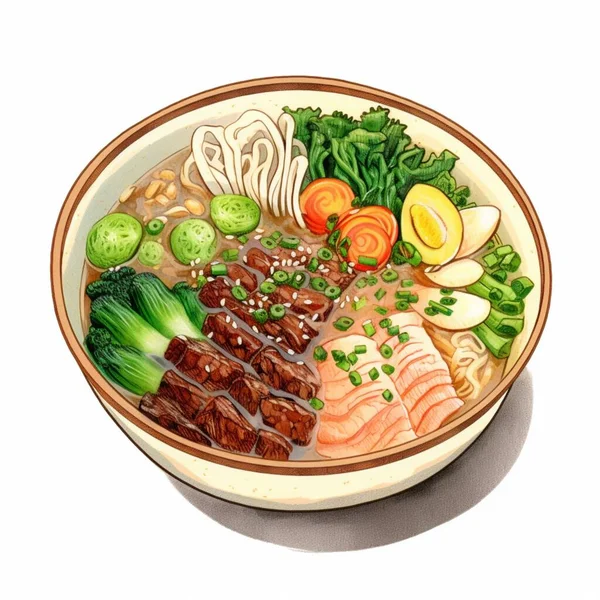 Nouilles Alimentaires Japonaises Avec Poulet Boeuf Poulet Légumes Illustration Vectorielle — Image vectorielle