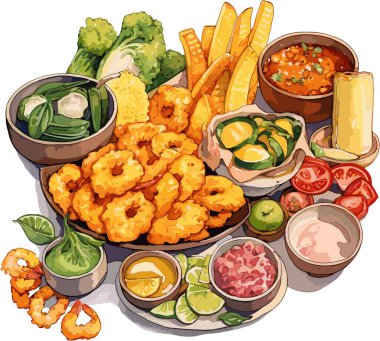 Tempuranın vektör çizimi. Japon yemek illüstrasyon klibi