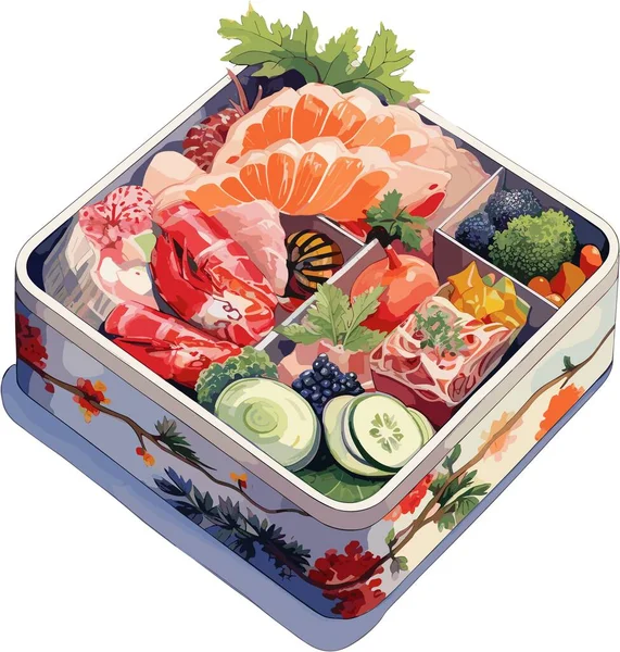 Sushi Box Mit Meeresfrüchten Und Fisch Sushi Lieferung Illustration Japanischer — Stockvektor