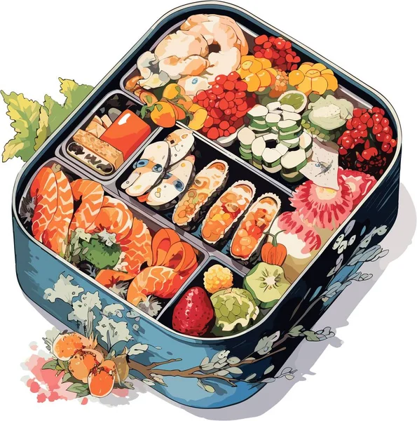 Rolos Sushi Com Peixe Legumes Frutas — Vetor de Stock