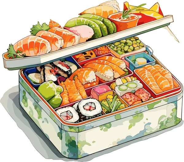 Schachtel Mit Verschiedenen Sushi Sorten — Stockvektor