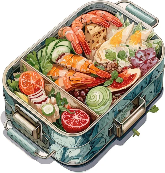 Illustrazione Vettoriale Cartoon Lunch Box Con Cibo Fresco Frutti Mare — Vettoriale Stock