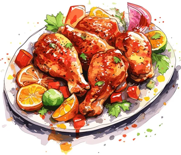 Fried Chicken Legs Vegetables Sauce White Background — Stock Vector