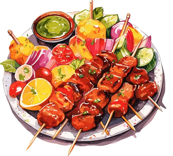 Chicken Chicken Kebab Vegetables Meat Kebab Kebab Skewers Watercolor Illustration — Stock Vector