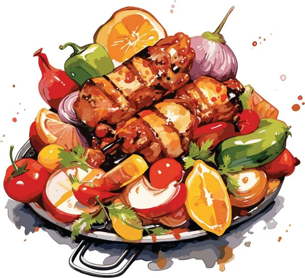 Kebab Grilled Vegetables Vector Watercolor Illustration — Stock Vector