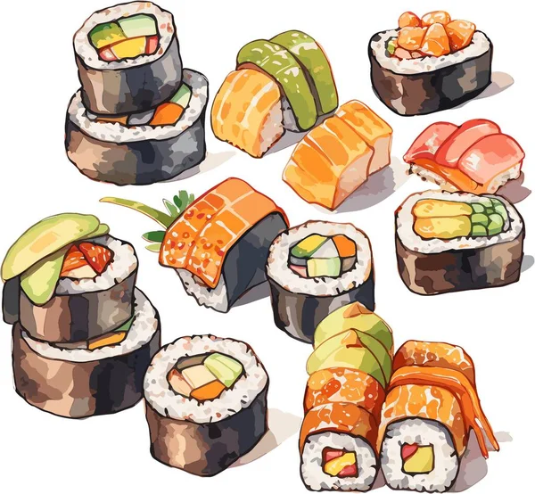 Conjunto Sushi Acuarela Ilustraciones Dibujadas Mano — Vector de stock