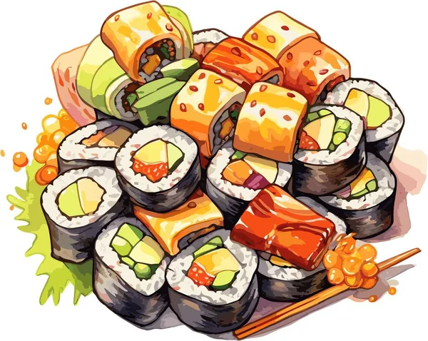 Rolo Sushi Com Arroz Peixe Legumes Comida Japonesa Rolos Sushi — Vetor de Stock