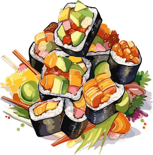 Satu Set Sushi Dan Gulungan Pada Latar Belakang Putih Masakan - Stok Vektor