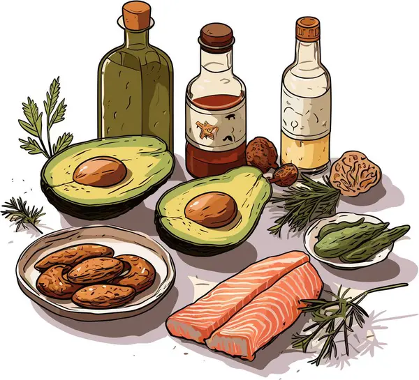 Keto diyet illüstrasyon vektörü avokado, zeytin yağı, tanışma ve sebze ile birleşir 