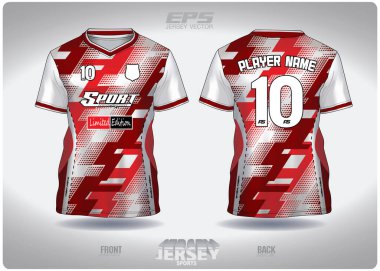 EPS forması spor gömlek vektörü. Polka nokta gradyan beyaz desen tasarımı, illüstrasyon, V yaka spor tişörtü için tekstil arka plan, futbol forması