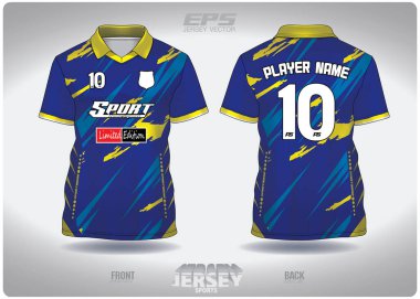 EPS formalı spor gömlek vektörü. Sarı ışıklandırma ve mavi desenli tasarım, illüstrasyon, V yaka poloshirt için tekstil arka plan, futbol forması poloshirt