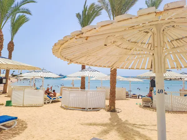 Hurghada - Mısır - 14 Haziran 2023: Kızıl Deniz kıyısındaki plaj. Güneş yatakları ve şemsiyeler. Çölde bir tatil köyü. Mısır. Yüksek kalite fotoğraf