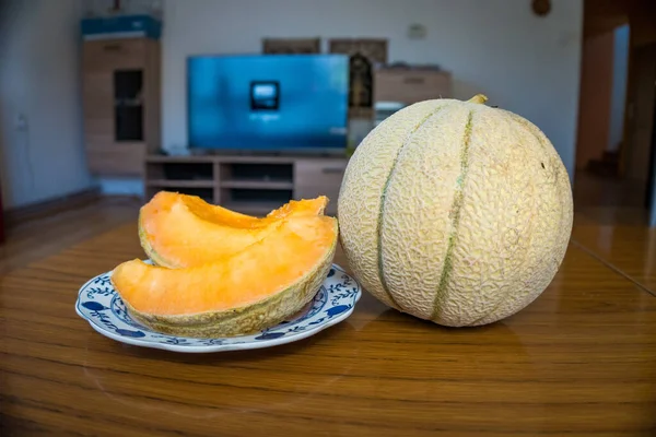 Fresh Sweet Orange Melon Wooden Table Selective Focus Toned Image — Stock Photo, Image