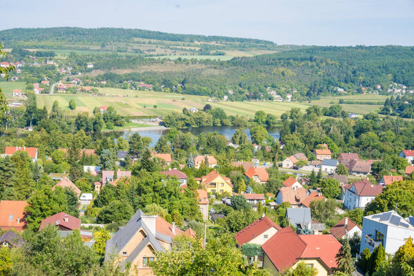Aerial view of village in countryside. Zadni Treban in west Bohemia, Czech republic, European union. High quality photo