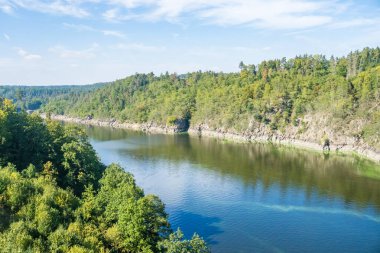 Vltava Nehri 'nin ve Çek Cumhuriyeti' nin Zvikov Kalesi yakınlarındaki ormanın güzel manzarası. Yüksek kalite fotoğraf