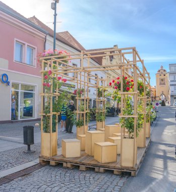 Beroun- Çek- 2 Ekim 2023 Beroun 'da dinlenmek için çiçekli ahşap çardak. Çek malı. Yüksek kalite fotoğraf
