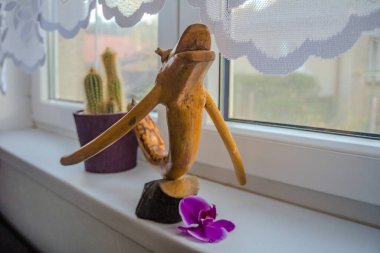 Pencerede çiçekli ejderhaya benzeyen bir ağaç dalı. Yüksek kalite fotoğraf