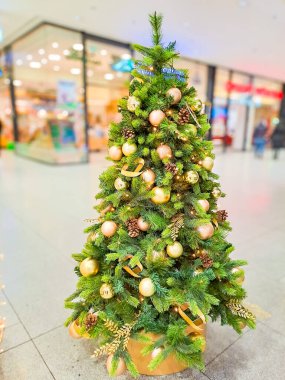 Güzel dekore edilmiş Noel ağacı. Noel ve Mutlu Yıllar. Güzel köknar ağacıyla süslenmiş Noel odası. Yüksek kalite fotoğraf