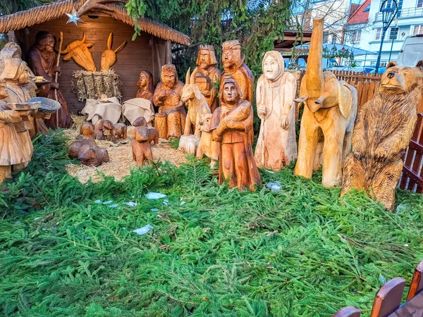 Christmas vertep, scene of birth of Jesus Christ toys. Holiday composition, religious scene with Virgin Mary, baby, Joseph and three wise men. Czech. High quality photo