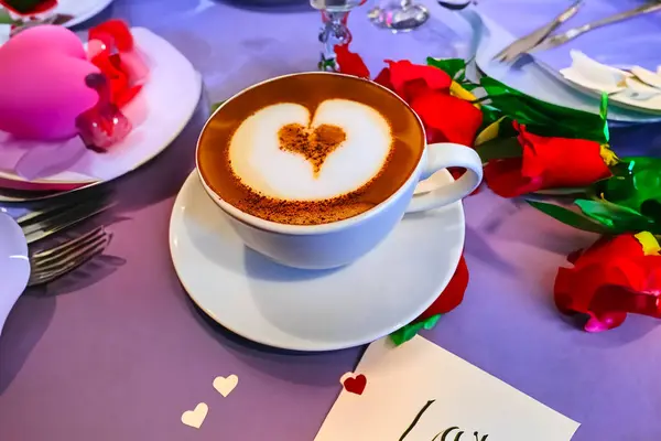 Valentines day romantic breakfast with cappuccino or coffee. Romantic love background. Valentines day, Mothers Day, Birthday Cake card. High quality photo