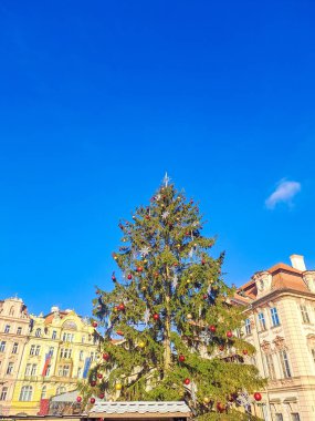 Çek Cumhuriyeti 'nin Prag kentindeki Old Town Square Noel Pazarı' nda bulunan güzel bir Noel ağacı. Yüksek kalite fotoğraf